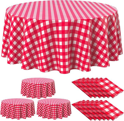 Disposable Checkered Tablecloth Round Plastic Buffalo Plaid Table Cloth 84'' Gingham Tablecover for Picnic Camping BBQ Graduation Party(Red White,12 Pieces)