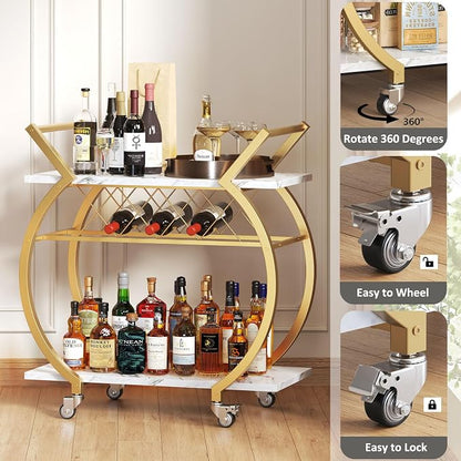 LVB Gold Bar Cart with Wheels, Modern White Marble Home Bar Serving Cart | Drink Cart with Wine Rack, Metal Wooden Beverage Cart, Rolling Kitchen Cart for Home Dining Room,Gold White Marble