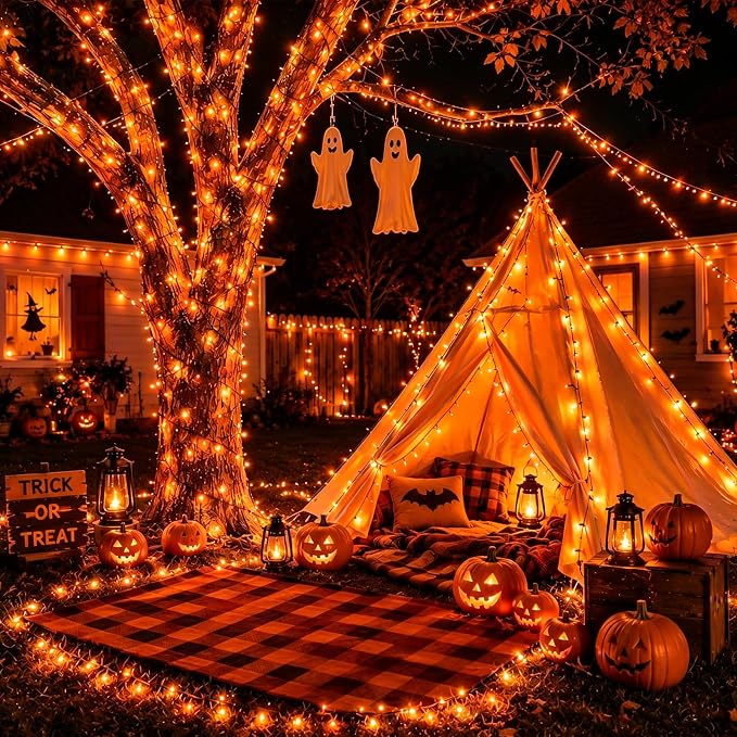 YEGUO 2 Pack Orange Solar Halloween Lights, Each 33ft 100 LED Solar String Lights Outdoor Waterproof, 8 Modes Solar Christmas Lights Outdoor for Garden Yard Xmas Decor