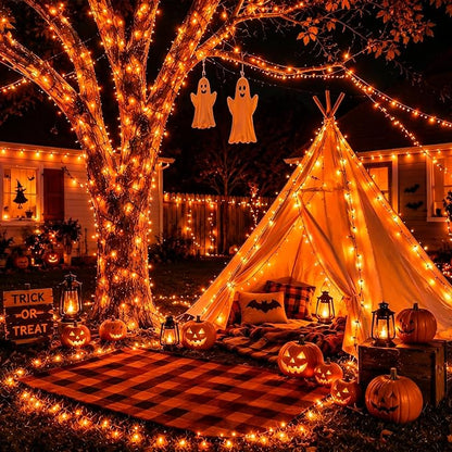YEGUO 2 Pack Orange Solar Halloween Lights, Each 33ft 100 LED Solar String Lights Outdoor Waterproof, 8 Modes Solar Christmas Lights Outdoor for Garden Yard Xmas Decor