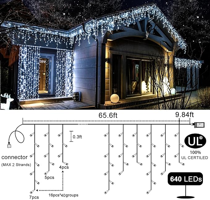 640 LED Icicle Lights for Outside, 66FT White Christmas Lights Outdoor | Plug in 8 Modes Waterproof Icicle Christmas Lights with 120 Drops for Party Holiday Wedding Christmas Decoration