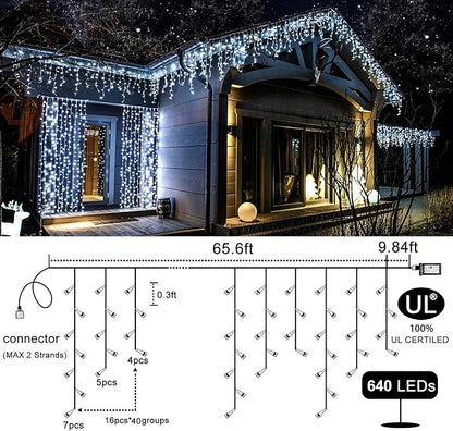 640 LED Icicle Lights for Outside, 66FT White Christmas Lights Outdoor | Plug in 8 Modes Waterproof Icicle Christmas Lights with 120 Drops for Party Holiday Wedding Christmas Decoration
