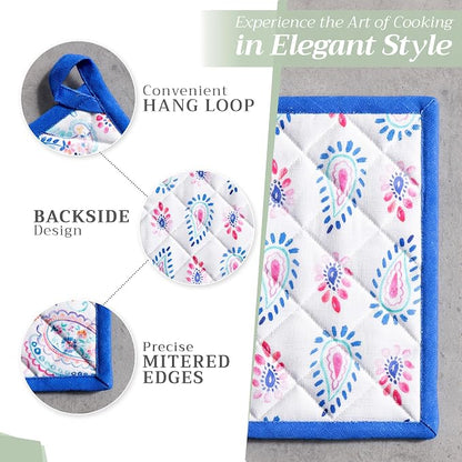 Maison d' Hermine Pot Holders 100% Cotton Potholders (8" x 8", Pack of 1) | Heat Resistant Hot Pads with Loop BBQ Cooking Baking Farmhouse Kitchen Handling Hot Pans Spring Summer - Indian Floral