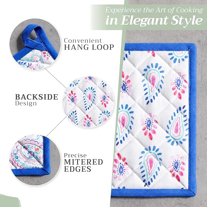 Maison d' Hermine 100% Cotton Oven Mitt & Pot Holder Set (7.5"x13" & 8"x8") Heat Resistant BBQ Cooking Gloves with Loop Baking Grilling Kitchen Hotel Home Farmhouse Spring Summer (Indian Floral)