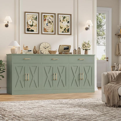 HOSTACK 71" Large Sideboard Buffet Cabinet with Storage, Farmhouse Coffee Bar Cabinet with 3 Drawers, Long Kitchen Buffet Table, Kitchen Sideboard Storage Cabinet for Dining Room, Living Room, Green