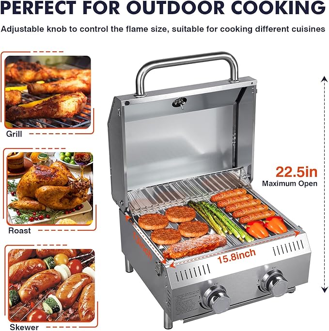 Llamaviva Tabletop Propane Gas Grill, 2 Burner 20,000 BTU Stainless Steel Portable BBQ Grill, Compact Outdoor Grill for Camping, RV, Patio, Tailgating, Picnic, Backyard Cooking