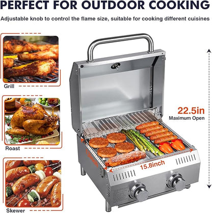Llamaviva Tabletop Propane Gas Grill, 2 Burner 20,000 BTU Stainless Steel Portable BBQ Grill, Compact Outdoor Grill for Camping, RV, Patio, Tailgating, Picnic, Backyard Cooking