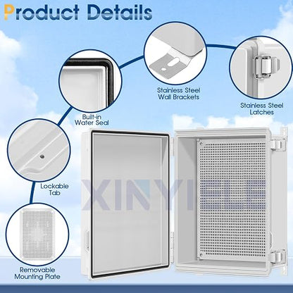 Waterproof Outdoor Project ABS Plastic Junction Box IP67 Weatherproof Dustproof Enclosure with Hinged Cover, Mounting Plate,Wall Brackets for Power Project (Grey,13.8"x9.8"x5.9")