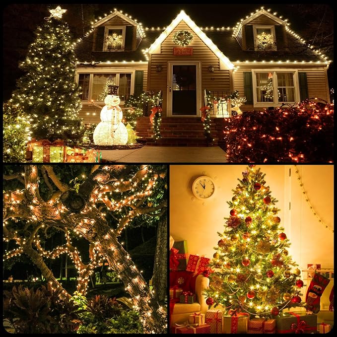 MZD8391 328FT 1000 LED Christmas Light Outdoor Indoor, Christmas Tree Light | Warm White, 100% UL Listed, Waterproof, 8 Light Modes, Timer & Memory, Christmas String Light Decoration, Fairy Tree Light