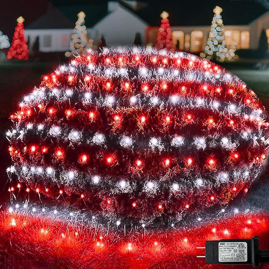 Pooqla Red and White Christmas Net Lights Outdoor, 15x 5ft Green Wire | 300 LED Large Net Mesh Lights Plug in, 8 Modes Waterproof Connectable Bushes Lights for Christmas Hedge Yard Decor