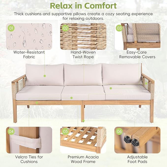 VilroCaz 5-Piece Patio Conversation Set, All Weather Sectional Sofa Set w/ 3 Seater Sofa, 2 Chairs and 2 Coffee Tables, Acacia Wood Outdoor Furniture Set with Woven Rope Accents and Cushions