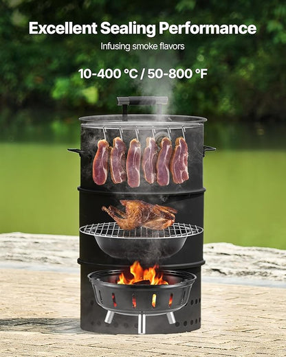 VEVOR Charcoal Smoker Grill, 18.5" Barrel Charcoal BBQ Smoker, Coated Steel Outdoor Barbecue Grill with 2 Grilling Grates, 1 Hanging Rod, 6 Hooks & Thermometer, Ideal for Party Backyard Patio Cooking