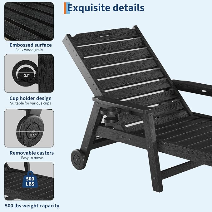 Garvee Lounge Chair Outdoor with Wheels & 5-Position Adjustable Backrest, Oversized Chaise Lounge with 2 Move Handle, HDPE Outdoor Lounge Chair w/Detachable Cup Holder, for Patio, Pool,Black