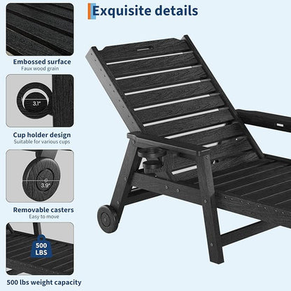 Garvee Lounge Chair Outdoor with Wheels & 5-Position Adjustable Backrest, Oversized Chaise Lounge with 2 Move Handle, HDPE Outdoor Lounge Chair w/Detachable Cup Holder, for Patio, Pool,Black