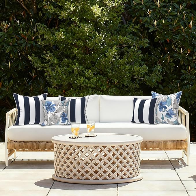 LVTXIII Set of 2 Patio Throw Pillows Waterproof 16"x16" Fade Resistant Outdoor Throw Pillows with Inserts, Fluffy Decorative Garden Toss Pillow Cushions for Home Patio Coach Sofa Use, Cabana Navy