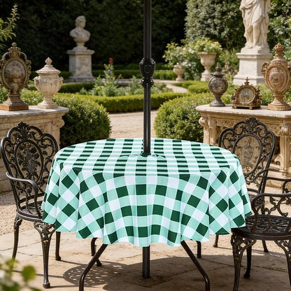 Poise3EHome Round Outdoor Tablecloth with Umbrella Hole and Zipper,Green and White Gingham 60 Inch,SpillProof Washable Table Cloth for Spring Summer Patio Garden Poolside Picnic Camping BBQS