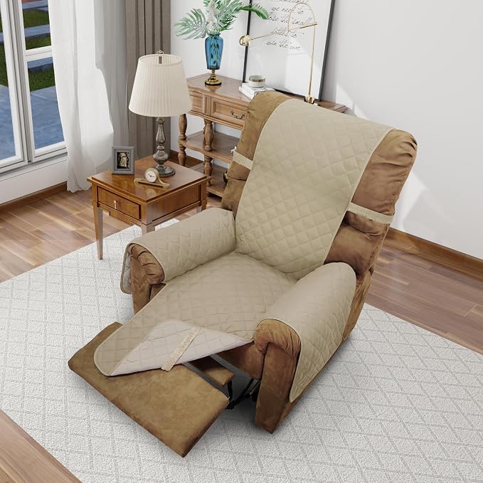 Reversible Chair Covers for Recliner Oversized, Sand/Beige | Recliner Oversized Covers for Living Room with Elastic Straps, Water Repellent, Chair Protectors Covers for Dogs