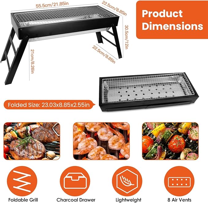 Charcoal Grill,Portable Folding BBQ Grill for Outdoor,Stainless Steel Grill Net Easy Setup Tabletop Barbecue Grill for Outdoor Camping Picnic Backyard Party