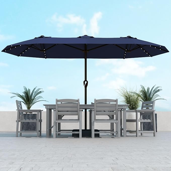 Kingdura 15ft Large Patio Umbrella with Solar Lights, Double-Sided Rectangle Lighted Outdoor Table Umbrella with Base Included, 12 Reinforced Ribs, 48 Led Lights, Crank Lift for Market Pool Deck Backyard, Navy blue