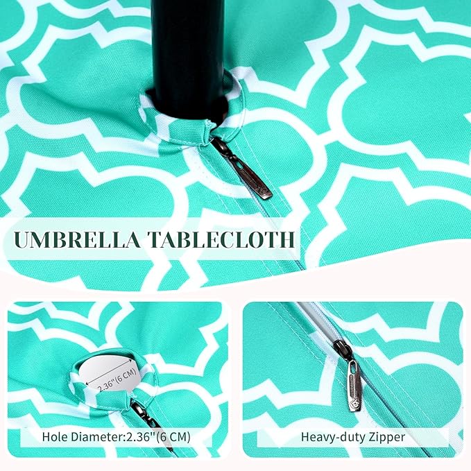 Poise3EHome Outdoor Tablecloth Rectangle with Umbrella Hole Waterproof Spillproof for Patio Table Picnic Camping Spring Summer, Aqua Blue (60X104 Zipper)