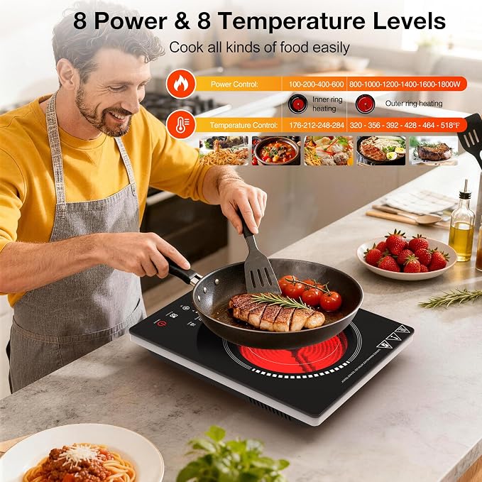 Single Burner Electric Cooktop 1800W, Portable Electric Stove Hot Plate Countertop Stove Top Burner with 8 Power Settings, 4-Hour Timer Child Safety Lock for Apartment, Dorm & Small Kitchen