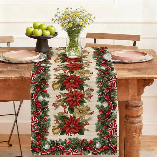 Christmas Poppies Table Runner,Dining Decor for Kitchen Coffee Table Family Dinners Holiday Parties Wedding Events Decor(13x72 inch)