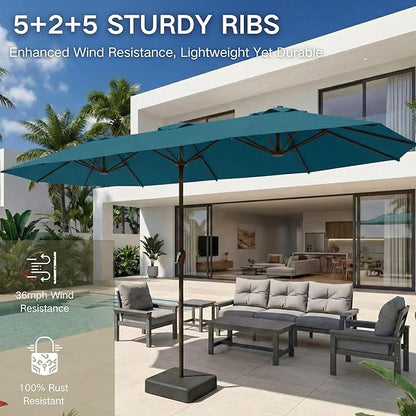 Kingdura 13ft Large Patio Umbrella with Base Included, Double-Sided Rectangle Outdoor Table Umbrella with 12 Reinforced Ribs, Crank Lift for Market Pool Deck Backyard, Lake blue
