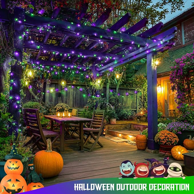 JMEXSUSS 250 LED Halloween Lights Plug in, Purple and Green String Light | Connectable, Durable, Indoor/Outdoor, Waterproof, 8 Modes, Timer, for Halloween Tree Party Garden Patio Decorations
