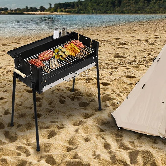 Barbecue Charcoal Grill, Large Foldable Portable Barbecue Grill with Height Adjustment, Perfect for Camping Picnic Hiking Backpacking Outdoor Party