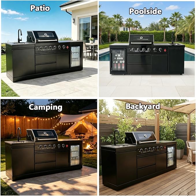 Propane Gas Outdoor Kitchen Island Grill, 4-Burner Stainless Steel Modular Outdoor Kitchen, with Refrigerator and Sink, Mobile BBQ Cooking Station for Backyard Patio