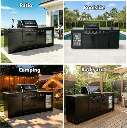 Propane Gas Outdoor Kitchen Island Grill, 4-Burner Stainless Steel Modular Outdoor Kitchen, with Refrigerator and Sink, Mobile BBQ Cooking Station for Backyard Patio