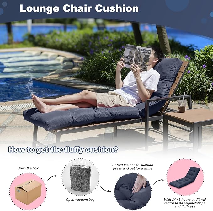 Outdoor Lounge Chair Cushions, 74.4 x 22 x 4.7 Inches Waterproof Fade Resistant Patio Cushion for Chaise Lounger