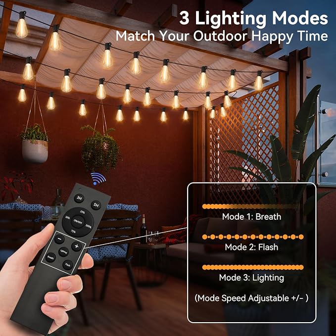 YOYONACY 100 FT Outdoor String Lights for Outside, IP65 Waterproof ST38 LED Shatterproof Bulbs, Dimmable & Timable, 3 Light Modes, Hanging Patio Edison Lights for Porch Backyard Cafe Bistro