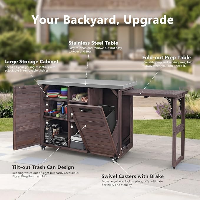 78.3" Outdoor Kitchen Island with Foldable Grill Table, Wooden Outdoor Grill Cart with Trash Can Storage & Stainless Steel Top, Outdoor Bar Cart, Pizza Oven Table for Lawn & Garden (Dark Brown@76)