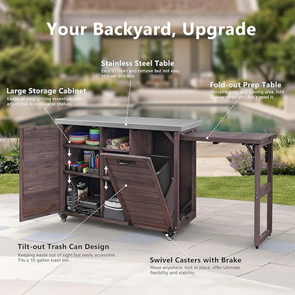78.3" Outdoor Kitchen Island with Foldable Grill Table, Wooden Outdoor Grill Cart with Trash Can Storage & Stainless Steel Top, Outdoor Bar Cart, Pizza Oven Table for Lawn & Garden (Dark Brown@76)