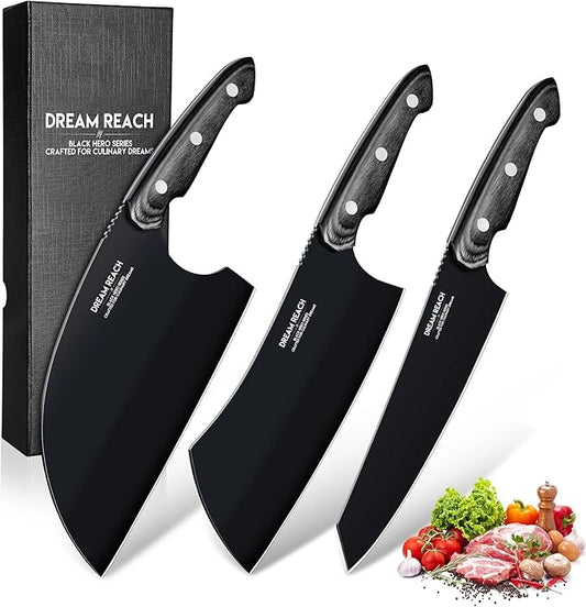 Dream Reach Butcher Knife Set - 3PCS Black Cleaver Knives Kit for Meat Cutting BBQ Outdoor Hand Forged Serbian Chef Cleaver for Mother Father Gift Idea