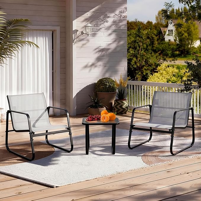 DUMOS 3 Piece Patio Furniture Set，Outdoor Patio Furniture Set with Table and Chairs, Patio Sectional Bistro Sets for Lawn, Garden, Balcony, Poolside Gray