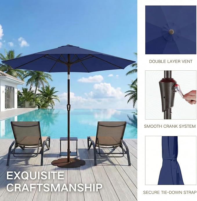Kingdura 9FT Outdoor Patio Umbrella, Round Market Table Umbrella with Push‑Button Tilt and Crank Lift, 8 Sturdy Metal Ribs, UV50+ Protection Canopy for Backyard, Lawn, Deck, Poolside, Garden (Navy blue)
