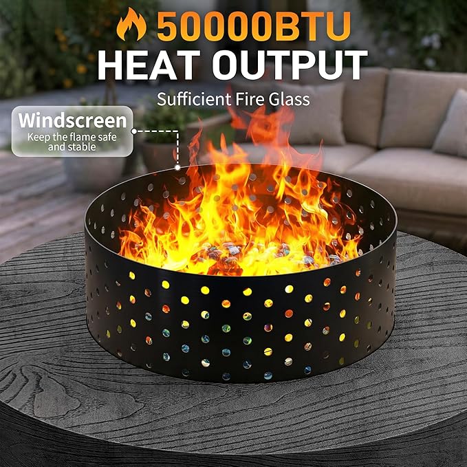 2-Piece Outdoor Propane Fire Pit Table Set w Tank Table 30'' Round Fire Pit Table w Wood Grain Firepit Table for Outside Gas Fire Pit w 304 Stainless Steel Burner 50,000 BTU, Dark Gray w Warm LED