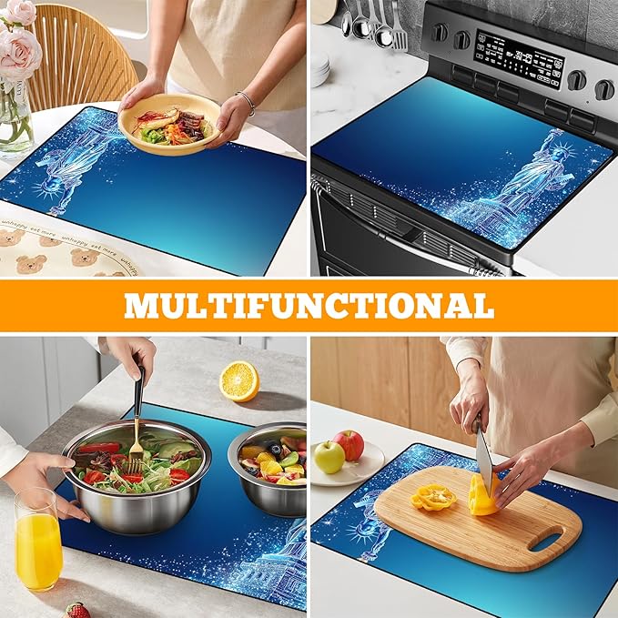 Multi-Design Stove Cover for Glass/Electric Stoves - 3-in-1 Heat-Resistant Protector Mat, Non-Slip Drying Rack 28"x20"