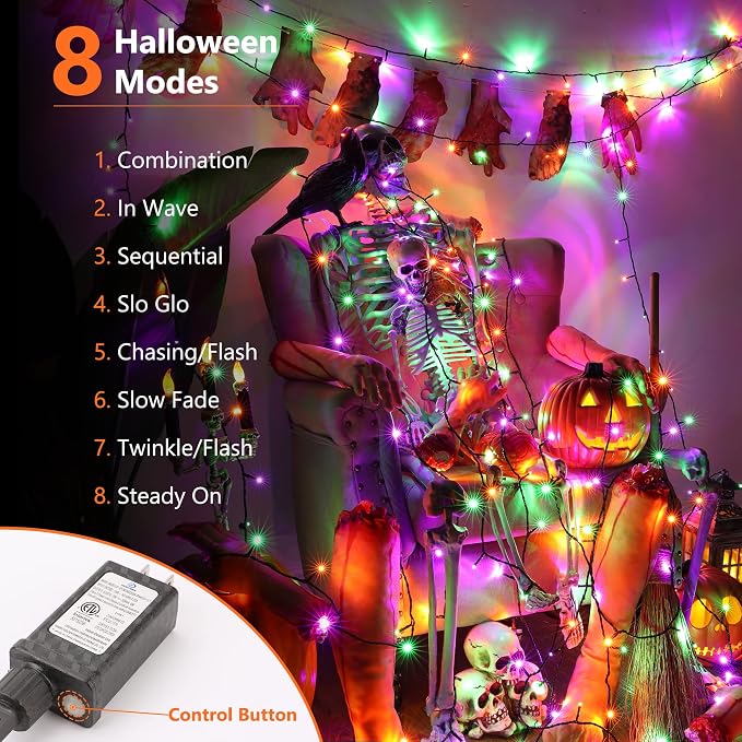 Brizled Halloween Lights Indoor Outdoor Purple Green & Orange Light String | 240 LED 95.14ft; 8 Modes; Connectable; Timer; Waterproof; Plugin Mini Twinkle Fairy Light for Outside Spooky Tree Decoration
