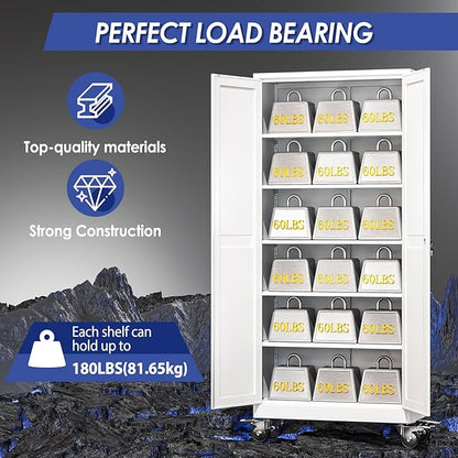 75" Metal Garage Storage Cabinet with Wheels and Locking Doors and Tall Rolling Steel Tool Cabinet with 5 Adjustable Shelves for Garage,Home,Office,Shop (White, 75''H x 32''W x16''D)