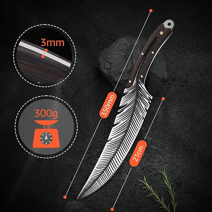 TIVOLI Feather Carving Knife,8 inch Boning Butcher Knife for Meat Cutting, Hand Forged High Carbon Steel Viking Fillet Knife for Brisket Outdoor Camping BBQ Father's Day Christmas Gift Men Women