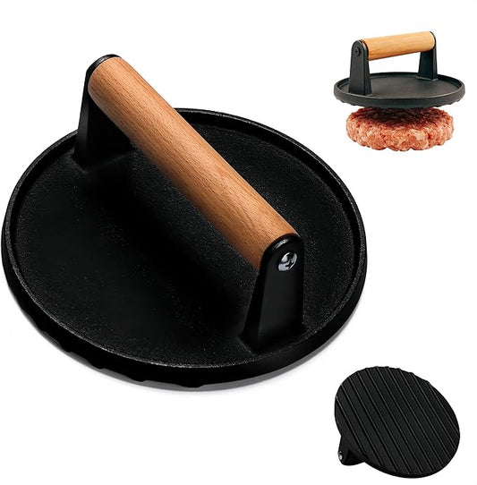 Cast Iron Smashed Burger Press,6.7" Round Grill Press with Wooden Handle,Heavy-Duty Flat Edge Burger Tool for Crispy Smash Burgers,BBQ & Griddle Accessories (Round)
