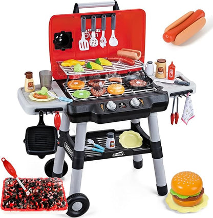 Shemira Kids Play Kitchen Toys, Kids BBQ Grill Playset, Play Grill Toys | 2-Layer Barbecue Toy with Wheel Smoke Sound Light, Outdoor Toys for Toddlers 3-5, Play Food Toys Cooking Set, Birthday Gift