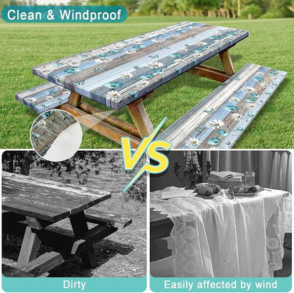 Floral Picnic Table Cover with Bench Covers, Camping Essentials, Wooden Flower Butterfly Waterproof Windproof, Fitted Tablecloth Cover with Elastic Edge, for Indoor, Outdoor, 3 PCS, 30x96 Inch