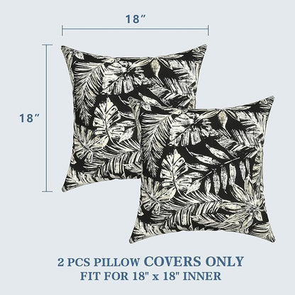 LVTXIII 2 Pack Outdoor Pillow Covers ONLY 18x18 Inch, Water-Repellent Square Decorative Cushion Covers for Patio Furniture, Garden, Sofa, Tropical Leaf Black