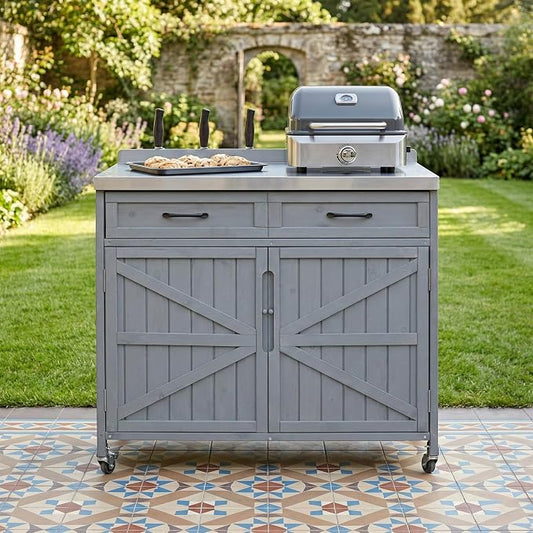 JIVOIT 39.4" Outdoor Kitchen Island with Stainless Table Top, Solid Fir Wood Storage Kitchen Cabinet with Drawer, Adjustable Shelves, Internal Storage Racks & 4 Wheels, Two Doors (Grey Blue/9)