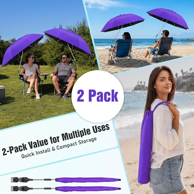 2 PACK Beach Umbrella with Clamp, 360 ° Adjustable Umbrellas for Chair, UPF50+ Umbrella for Beach Chair, Patio Chair, Wheelchair, Camping Chair, Golf Carts (Chair Not Included)