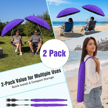 2 PACK Beach Umbrella with Clamp, 360 ° Adjustable Umbrellas for Chair, UPF50+ Umbrella for Beach Chair, Patio Chair, Wheelchair, Camping Chair, Golf Carts (Chair Not Included)